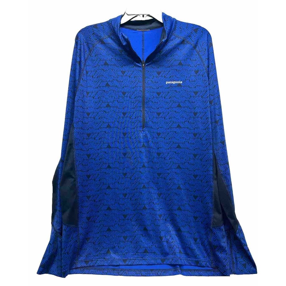 Patagonia Mens Size L Blue Printed All Weather Zip Neck Long Sleeve Shirt (L6)